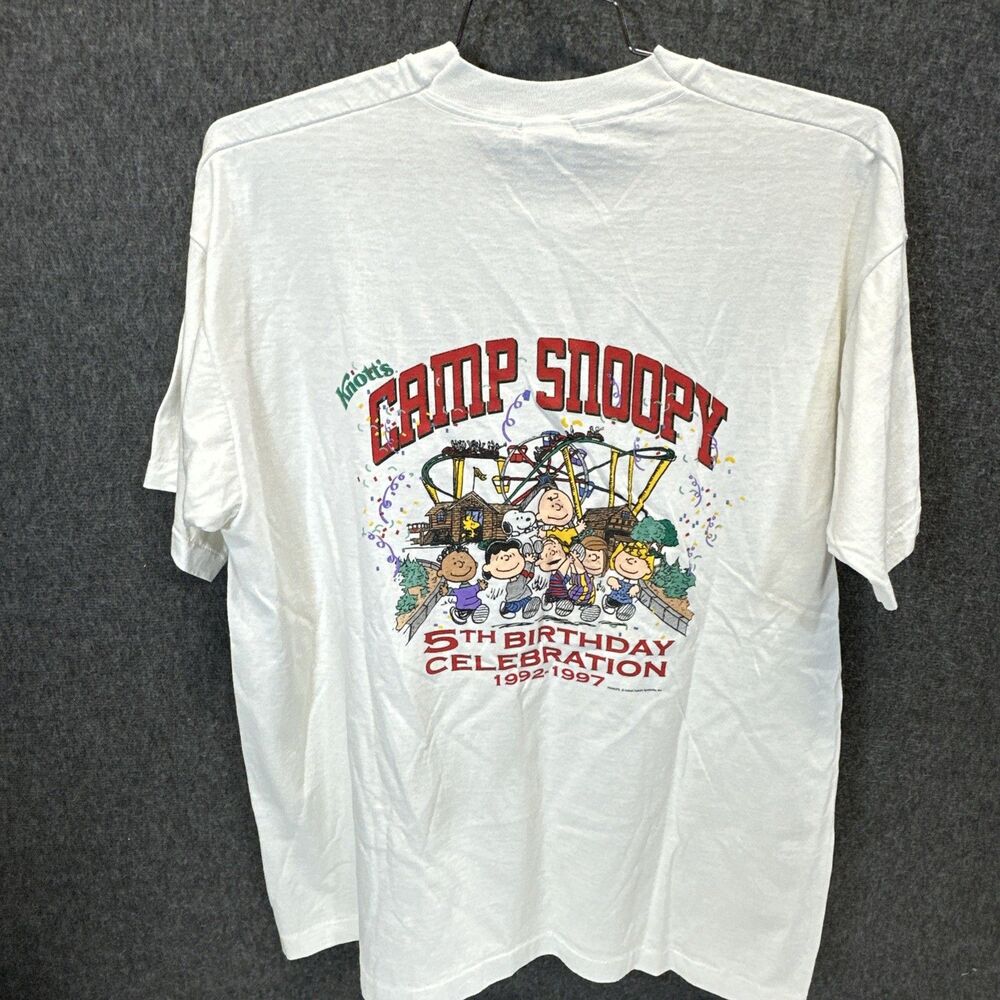 Vintage Knott’s Camp Snoopy 92-97 5th Birthday Cotton T Shirt Men’s XL Peanuts